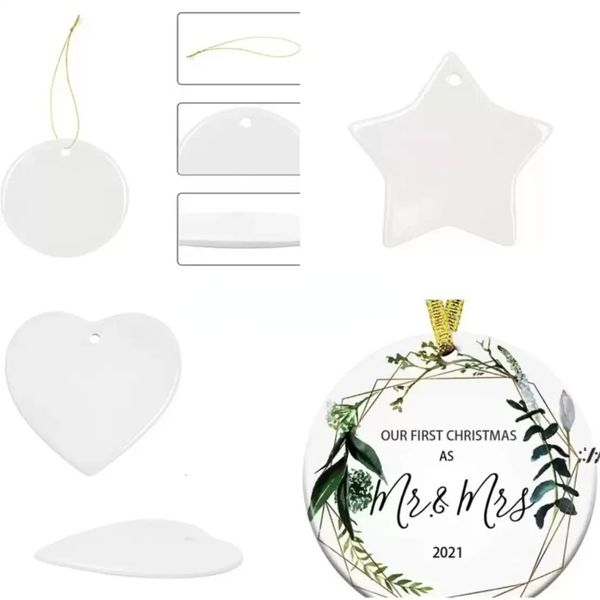 NOVO!!! 3-polegadas Sublimação Em Branco Branco Chirstmas Envolvido Ornamento Personalizado Circulado Círculo Círculo Estrela Forma Cerâmica Xmas Decoração Decoração Hangtag