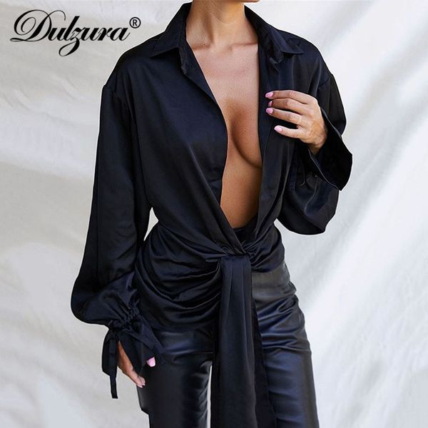 

satin women lantern sleeve blouse deep v neck lace up bandage elegant streetwear 2021 autumn winter club party loose, Black;white