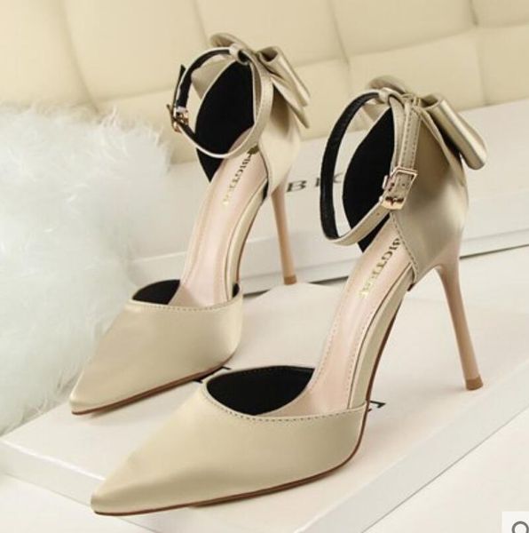 

dress shoes 2021 satin bow women's singles stiletto pointed high heels one-strip sandals red large size wedding 70, Black