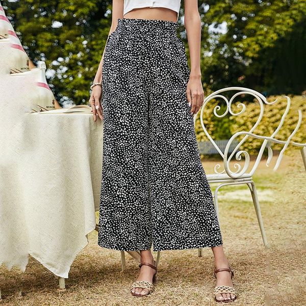 

high waist women pants 2021 summer flower print wide leg female floral black ankle-length loose trousers woman clothes women's & capris, Black;white