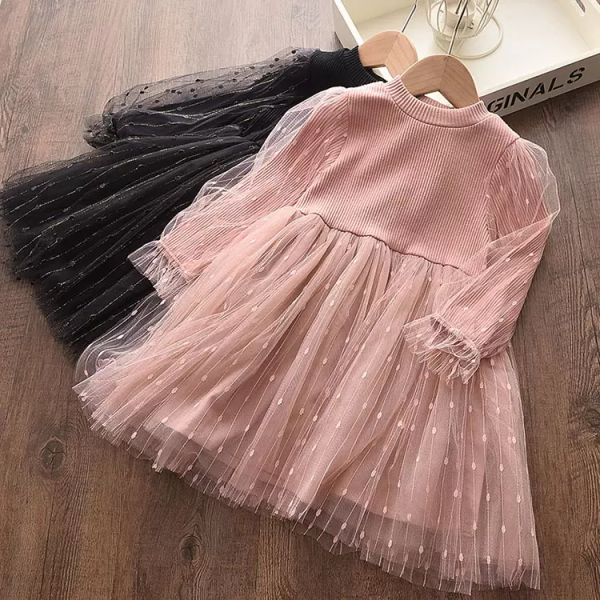 Girls Lace Tulle Tule Vestidos Crianças Malha Ribbed Princesa Vestidos Primavera Outono Boutique Kids Roupas