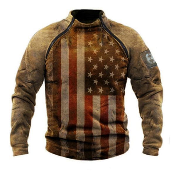 

2021 new long sleeve us flag 3d printing outdoor casual men's sweater, Black