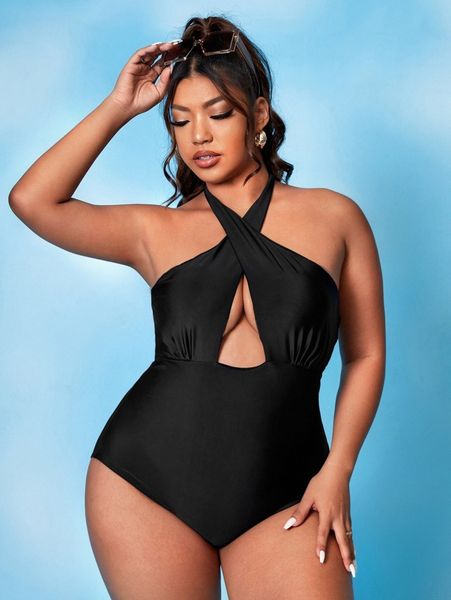 

plus crisscross halter one piece swimsuit l0rb#, Black