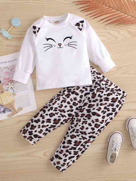 

baby cartoon graphic leopard 3d ear patched raglan sleeve pullover & pants she, Blue
