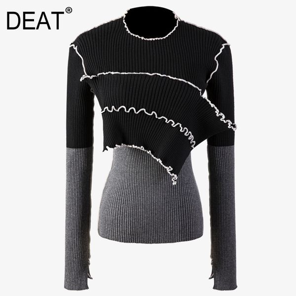 

[deat] turtleneck collar long sleeve patchwork color contrast crop women vintage ladies korean fashion spring gx168 210428, White;black