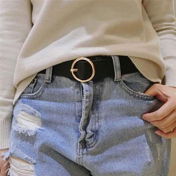 

belts gold round buckle female leisure jeans wild belt without pin metal brown leather black strap women, Black;brown