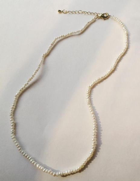 

2mm bright white real pearl flat necklace 5 or 7cm chain gold clasp natural freshwater women jewelry 35cm 43cm 15'' 17'', Golden;silver