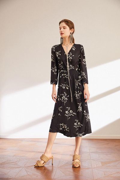 

casual dresses [7evening] est ladies 100% viscose v neck printed one piece midi length dress, Black;gray