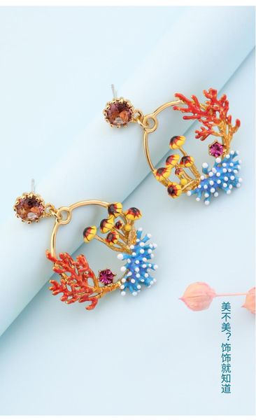 

hoop & huggie european and american style hand-painted enamel glaze coral mushroom elegant sweet earrings without pierced ears, Golden;silver