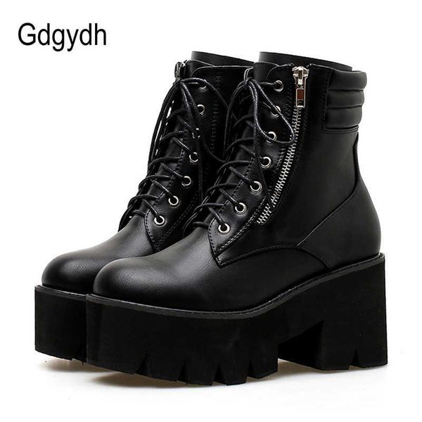

gdgydh wholesale autumn ankle boots for women motorcycle boots chunky heels casual lacing round toe platform boots shoes female y0914, Black