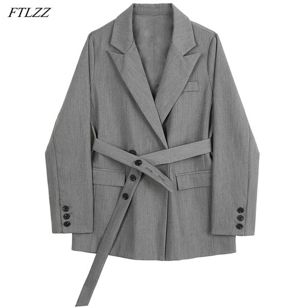 

spring arrival women elegant double breasted sashes slim suit jackets office ladies vintage solid gray blazer 210430, White;black