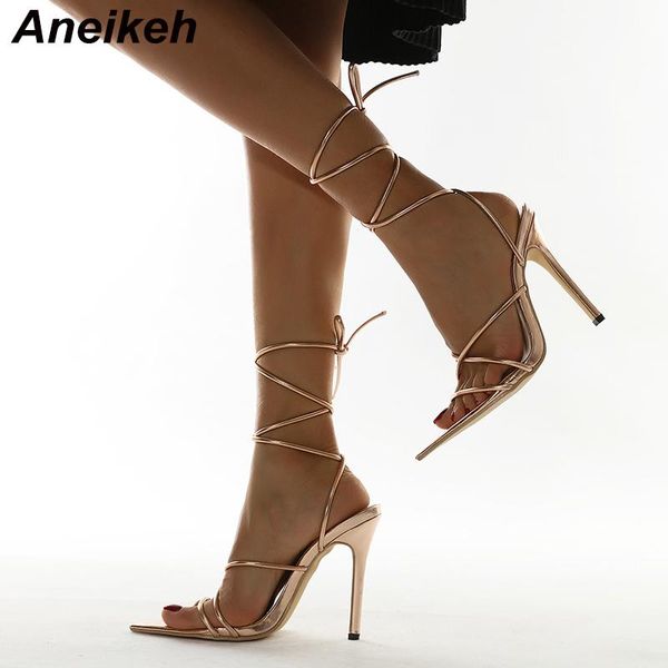 

aneikeh 2021 summer pu women's shoes riband lace-up fashion open ankle strap cross-tied party solid color golden size 35-42 sandals, Black