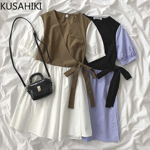 

elegant hit color patchwork woman dress bow tie high waist dresses korean v-neck puff short sleeve vestido mujer 6g060 210603, Black;gray