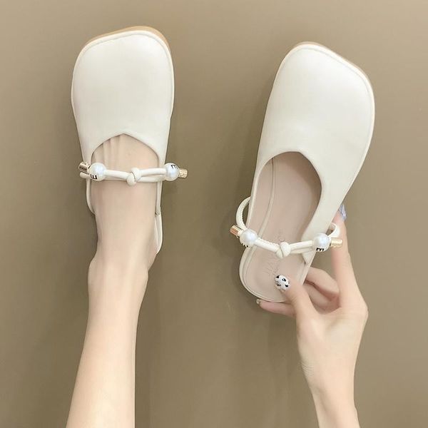 

shoes low square toe slippers flat mules for women 2021 luxury slides string bead pantofle cover soft designer summer rome, Black
