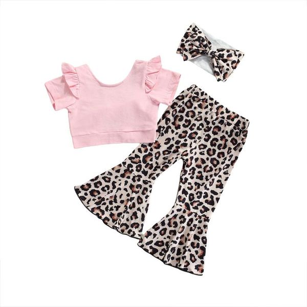 

clothing sets 1-5y toddler girls clothes pink short sleeve t-shirt leopard printed pattern pants and headdress, White