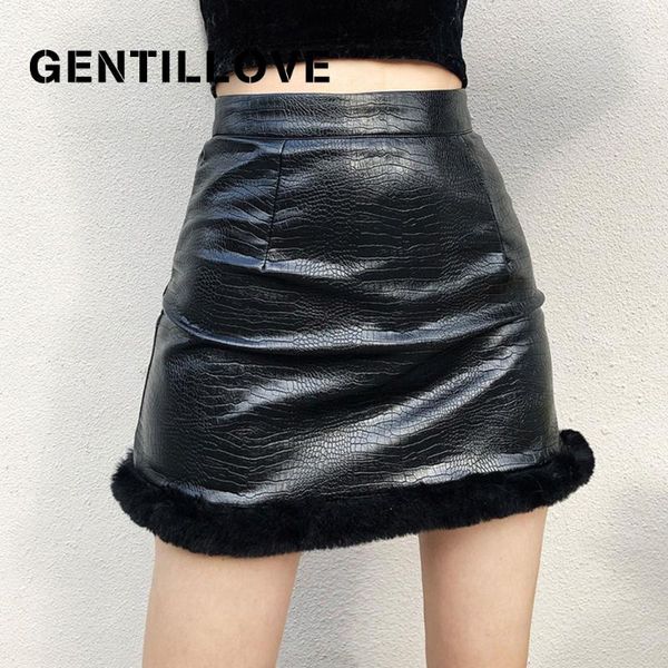 

skirts women winter elegant thick warm higa waist furry skirt vintage black pu faux leather mini casual all-match short
