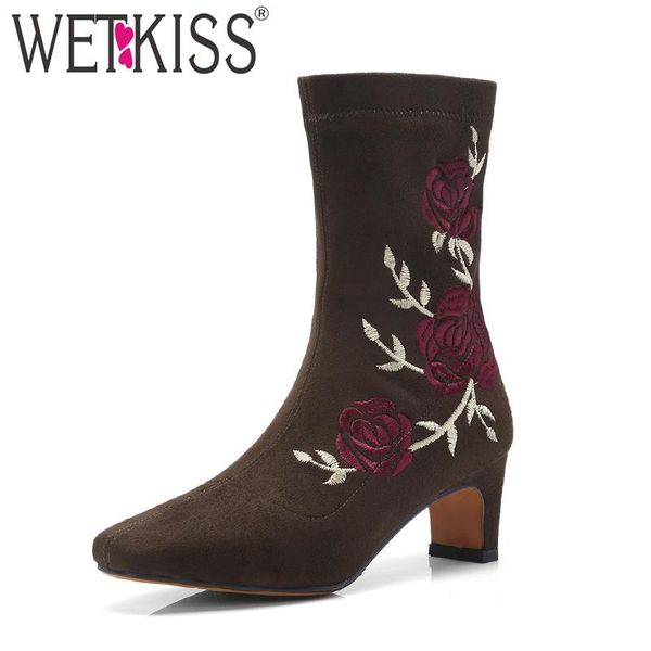 

boots wetkiss winter high heels women ankle embroider flock footwear rubber stretch boot square toe shoes 2021 black