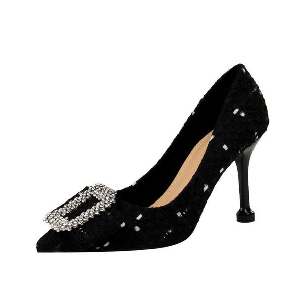 

dress shoes women's pumps elegant woolen cloth shallow mouth pointed high heel metal rhinestone square buckle bow sweet heels, Black