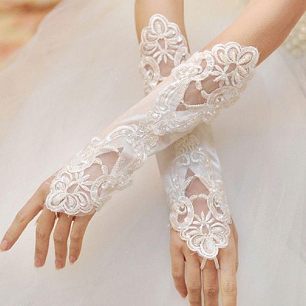 

bridal gloves 1 pair women long fingerless embroidery lace glitter sequins solid color elbow length mittens hook finger we, White
