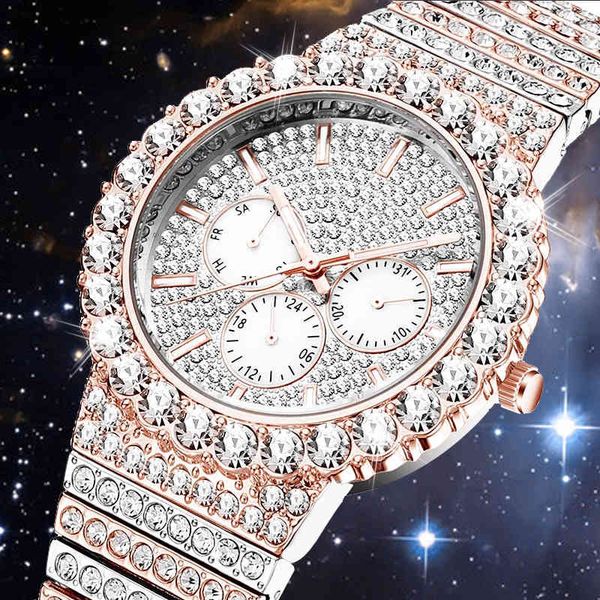 

bling iced out watch men designer luxury fully aaa diamond mens watches chronograph rose gold quartz wristwatch waterproof clock, Slivery;brown