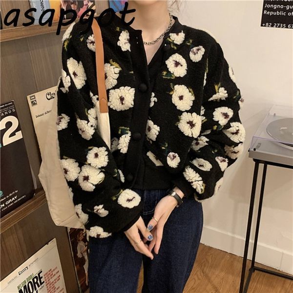 

winter thick sweaters loose chic fashion woolen floral embroidery cardigan women coat puff sleeve appliques vintage 210429, White