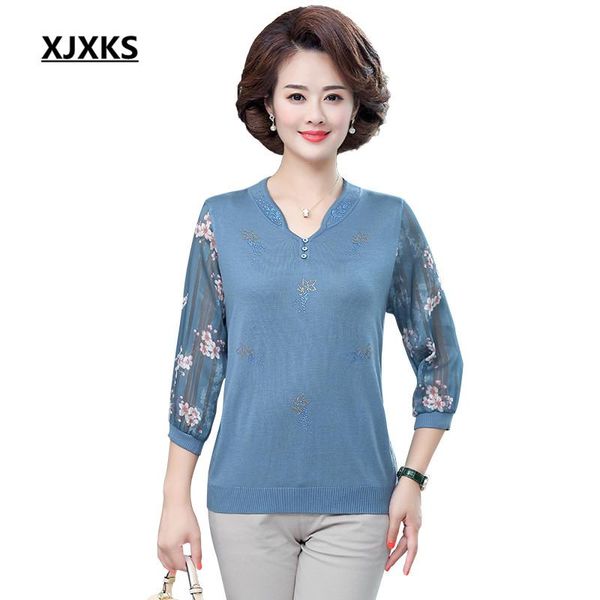 

women's sweaters xjxks 2021 autumn fashion v-neck women three-quarter sleeve sweater wool knitted stitching chiffon thin, White;black
