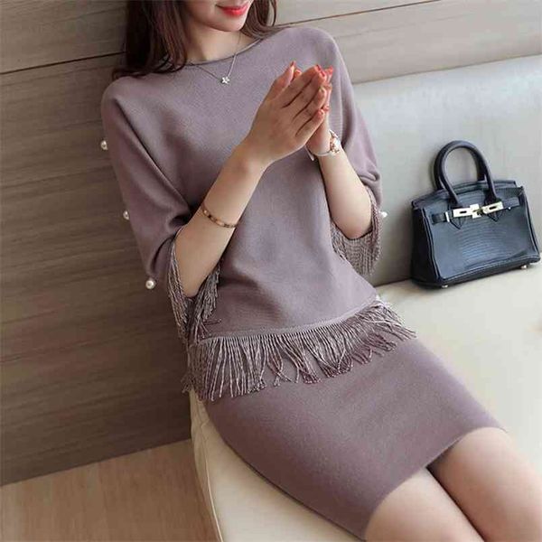 

spring summer trendy fashion two-piece round neck fringed beaded knitted sweater suit dress 210427, White