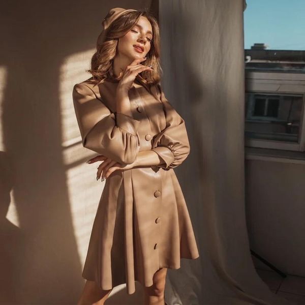 

casual dresses pu leather a line button party club mini dress puff sleeve o neck autumn winter fashion streetwear elegant 2021 female clothi, Black;gray