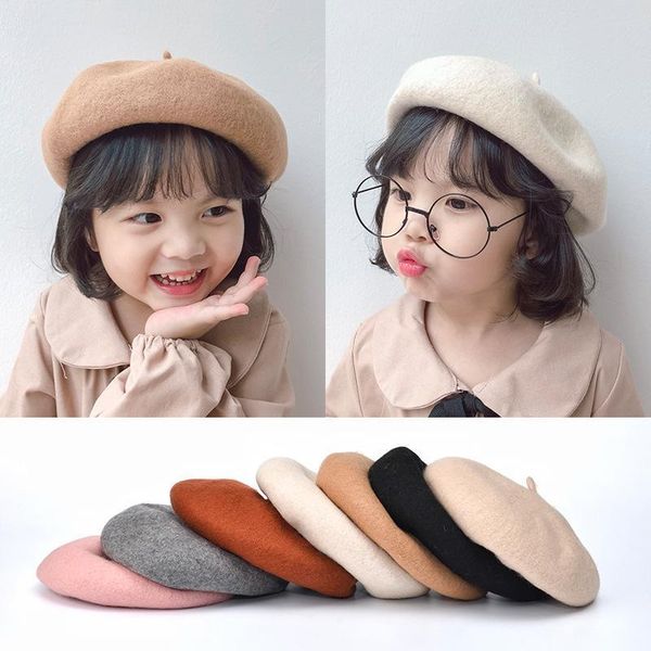 

caps & hats fashion baby hat for girls wool beret candy color kids girl autumn and winter casual princess pumpkin 2-8 years, Yellow