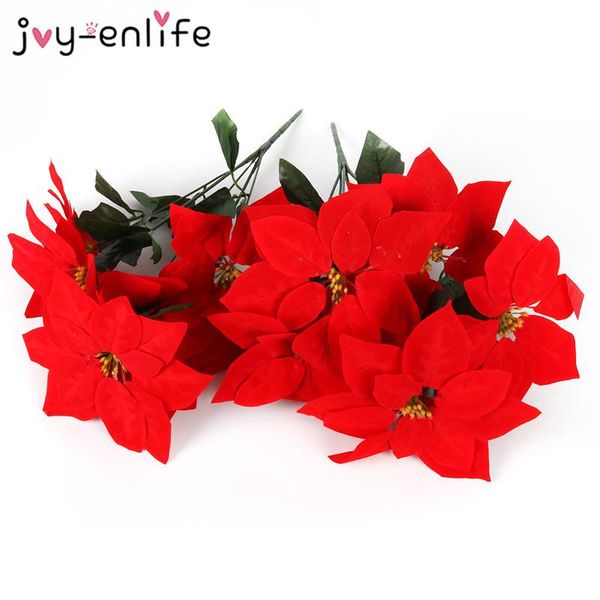 

1pcs real touch flannel artificial big red flowers head bouquet christmas poinsettia bushes bouquets tree ornament decorative & wreaths