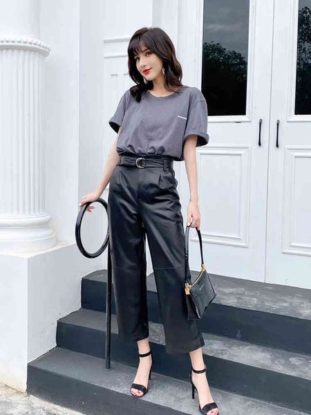 

women's pants & capris wide leg pant fashion high waist winter korean style genuine leather plus size streetwear trousers 1be0, Black;white