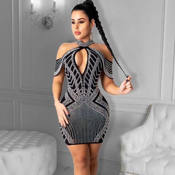 

rhinestone women dress club dresses for off shoulder halter hollow out elegant bandage celebrity bodycon mini party, Black;gray