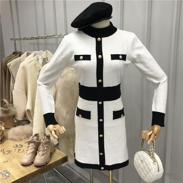 

casual dresses autumn knitted dress women elegant long sleeve button 2021 fashion black and white color matching bodycon knit, Black;gray