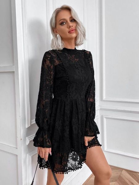 

eilly bazar mock neck flounce sleeve lace dress she, Black;gray