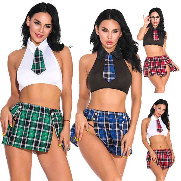 Set di biancheria da 3 pezzi Costume da scolaretta sexy Cosplay Gioco di ruolo Lingerie Donna Scozzese Uniforme da sesso Biancheria intima trasparente a rete 211208