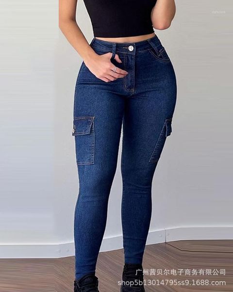 

women's jeans 2021 european and american pocket skinny pants, Blue