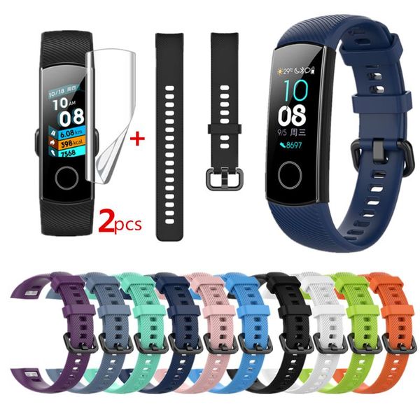 

watch bands silicone strap for huawei honor band 5 4 wristband smart accessories with 2pcs protective film, Black;brown