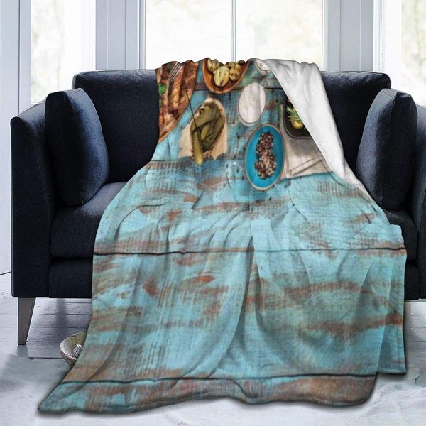 

throw blanket for kids teens adults lightweight soft warm various grilled food on blue wooden table microfiber all season living
