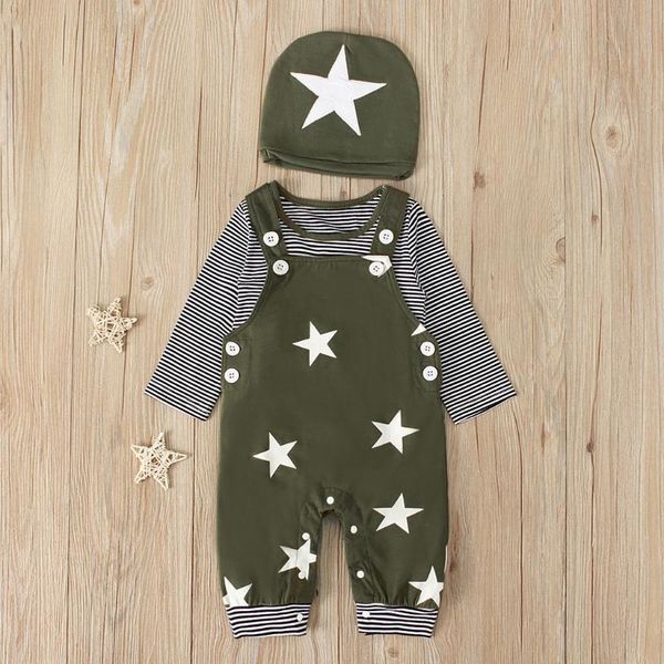 

40# child tracksuit baby boys girls striped long-sleeved star print casual overalls + hat three-piece suit ropa niÃ±a clothing sets, White