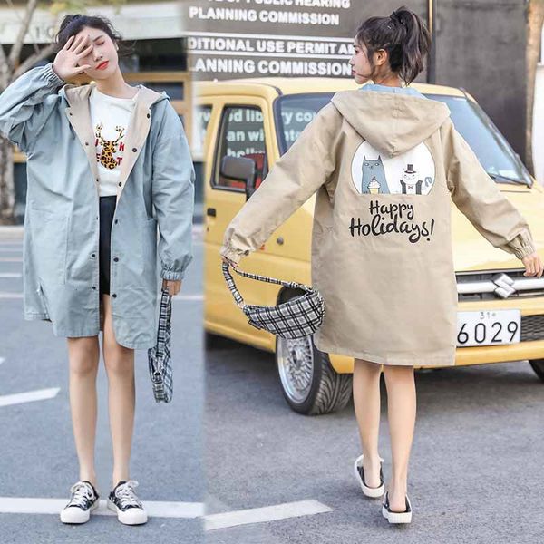 

wool reversible woman's mid-length korean spring loose big size girl jacket printed k1066 jvui, Black