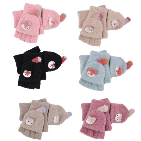

five fingers gloves m7dd children half finger with flip plush child knitted mittens fluffy toddler winter warm, Blue;gray