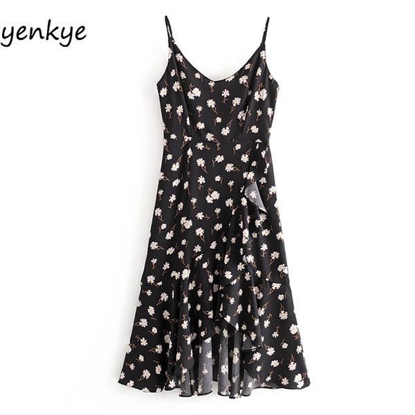 

vintage floral print dress women sleeveless v neck asymmetric female sweet ruffle sling summer robe femme 210514, Black;gray