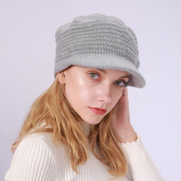 

berets 8colors women's knitted hat solid color warm with hair ball beret cap plus velvet autumn and winter wrap, Blue;gray
