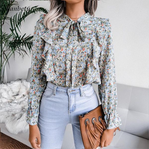 

women's blouses & shirts fashion floral printed spring long sleeve blouse women elegant lace-up bow o neck chiffon ladies casual blusa, White