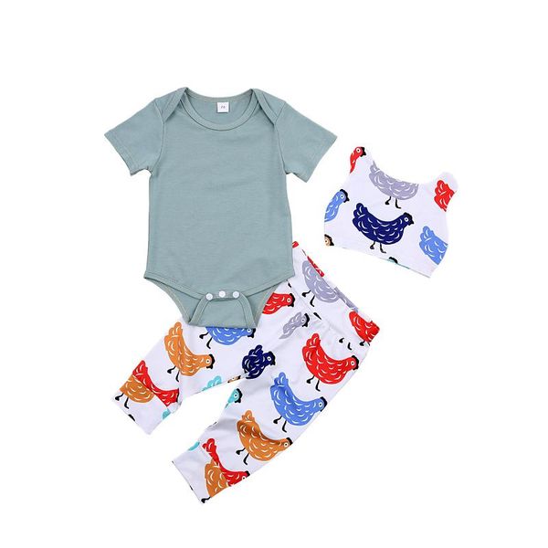 

clothing sets 3pcs baby outfit set born toddler boys girls short sleeve romper chick print pants+hat infant summer, White