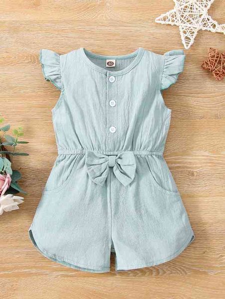 

baby ruffle trim bow front half button romper she, Blue