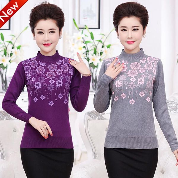 

women's sweaters turtleneck pullover women printed sweater fall winter knitted shirt middle age mother woman jumper db604, White;black