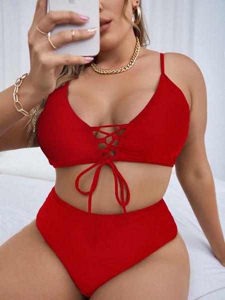 

plus lace up bikini swimsuit g0ik#, Black