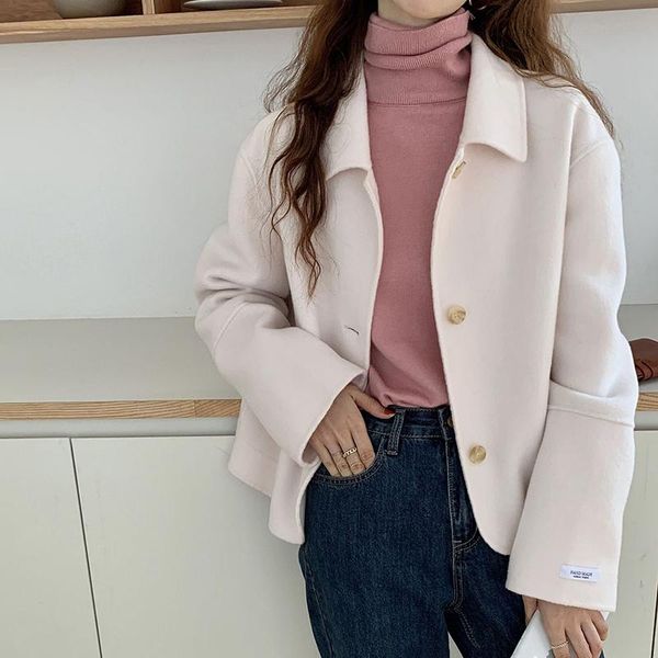 

women's wool & blends [ewq] double sided cashmere coat korean version 2021 100% single breasted short lapel female 16e3923, Black