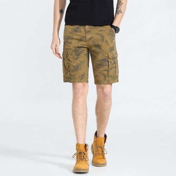 

style summer influx of men's workwear shorts plant camouflage printed washing casual multi-pockets knee pant pants, Black
